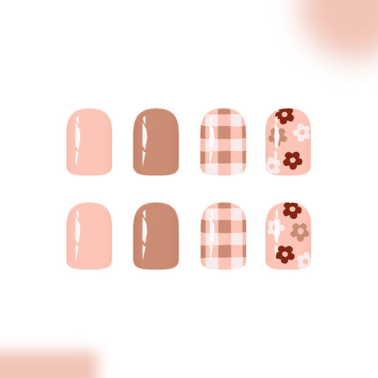 Chic Garden Blossoms Soft Short Square Blush and Brown Floral Patterned Press On Nail Set