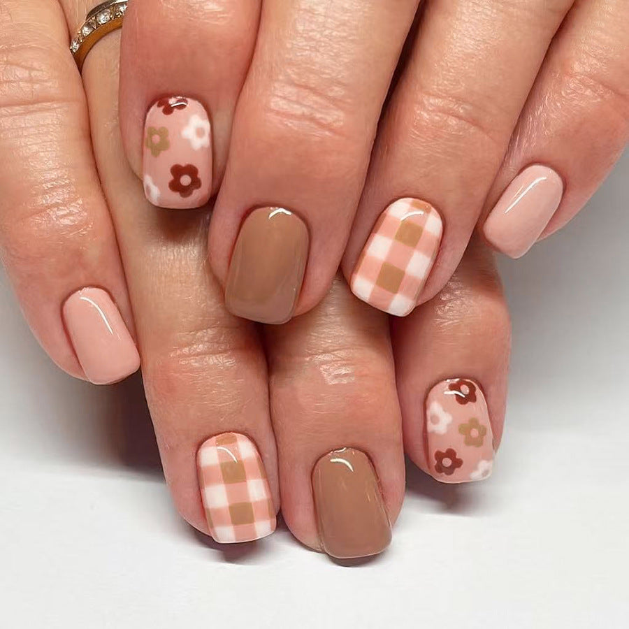 Bohemian Blossom Elegant Short Square Pastel Pink and Brown Multi-Patterned Press On Nail Set