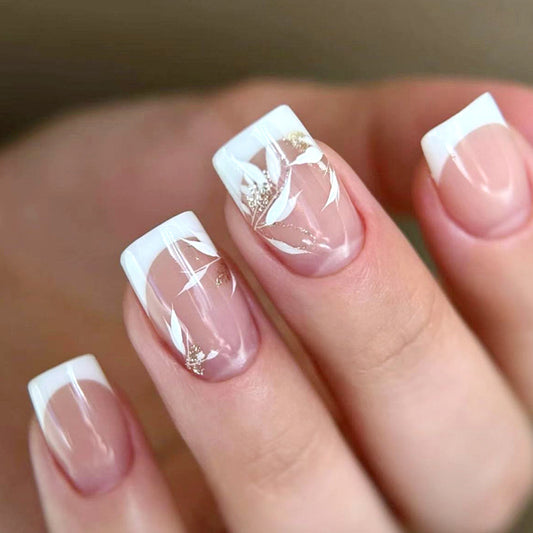 Botanical Bliss Medium Square Press-On Nail Set in Clear Pink with Elegant Leaf Design