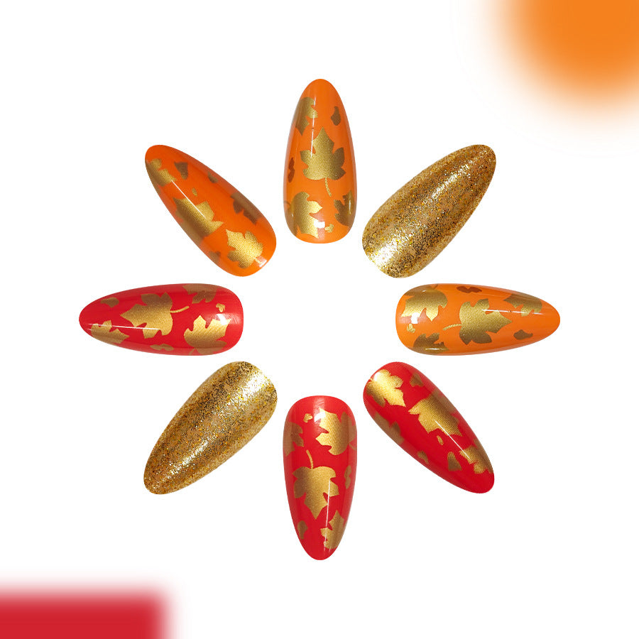 Autumn Elegance Long Almond Orange Red and Gold Leaf Design Press On Nail Set