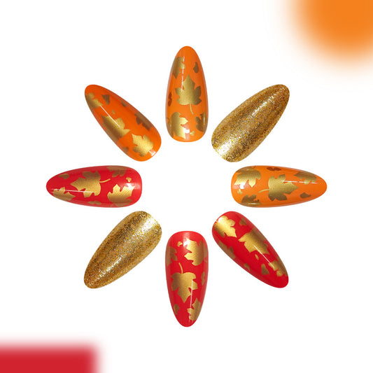 Autumn Elegance Long Almond Orange Red and Gold Leaf Design Press On Nail Set
