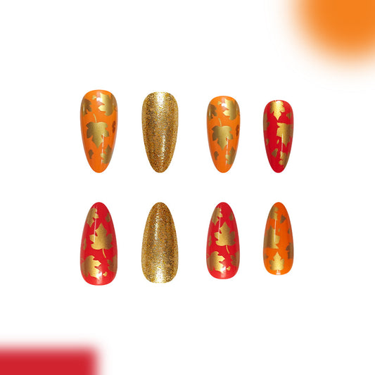 Autumn Glamour Long Almond Orange and Red Gold Leaf Press On Nail Set with Sparkling Accent