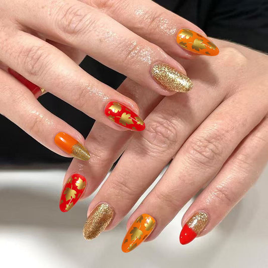 Autumn Elegance Long Almond Shaped Orange and Red with Gold Leaf Design Press on Nail Set