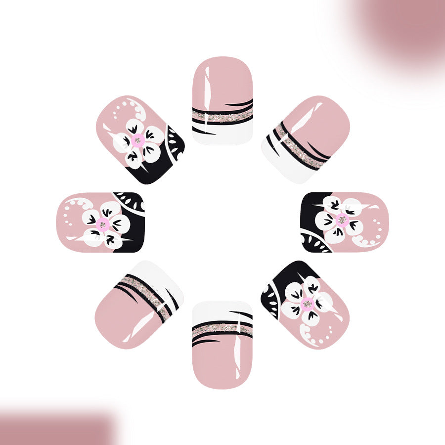 Elegant Floral Fantasy Short Square Pink and Black Press On Nail Set with Glitter Accents
