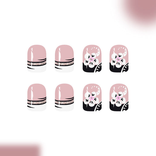 Garden Blossom Chic Short Oval Pink Floral Press On Nail Set with Glitter Accent