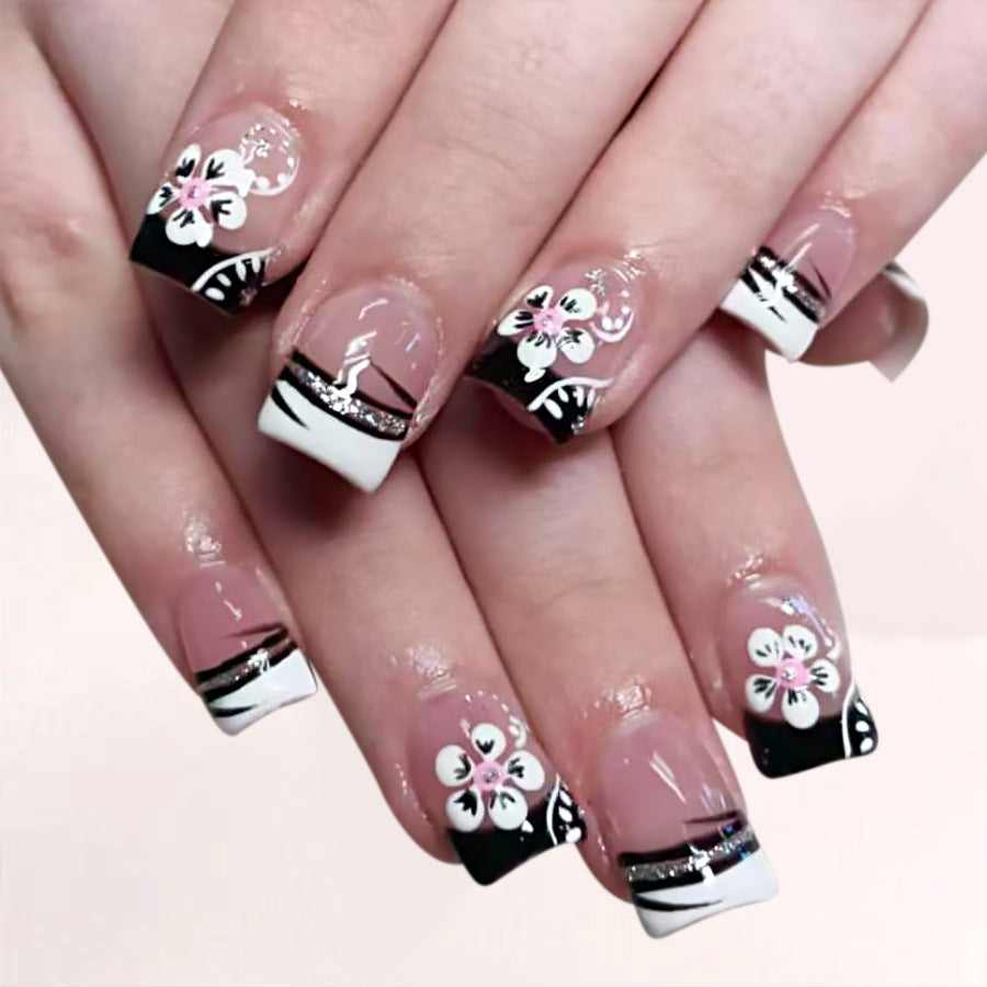 Elegant Floral Fantasy Medium Square Black and White with Exquisite Hand-Painted Flowers Press On Nail Set