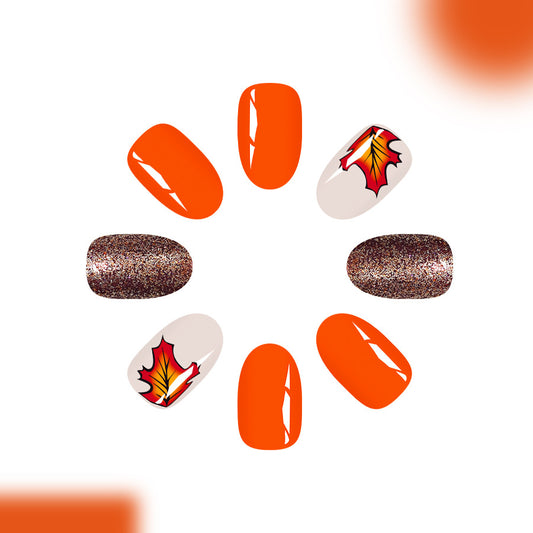 Autumn Vibes Orange Medium Oval Press On Nail Set with Glitter and Leaf Design