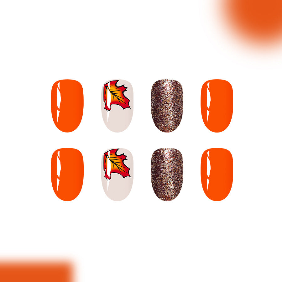 Autumn Bliss Medium Oval Orange with Sparkling Accent and Leaf Design Press On Nail Set