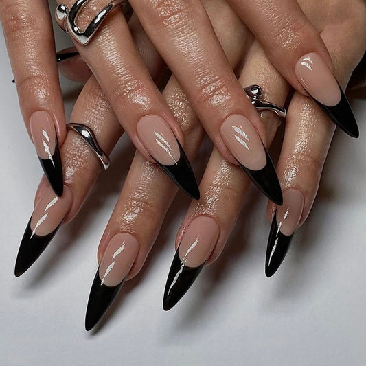 Mystical Black Tip Long Stiletto Press On Nail Set with Glossy Finish and Chic Design