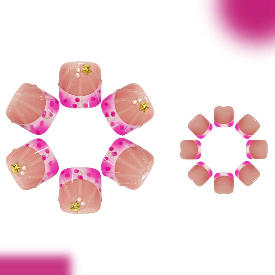 Whimsical Mermaid Dream Short Square Pink Ombré Press-On Toenail Set with Star and Pearl Accents