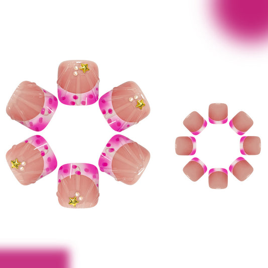 Whimsical Mermaid Dream Short Square Pink Ombré Press-On Toenail Set with Star and Pearl Accents