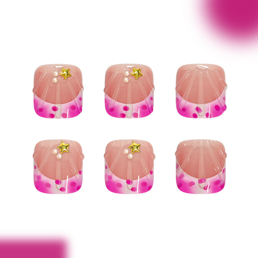 Mermaid Magic Short Square Pink Gradient Press On Toenail Set with Star Accent and Pearlescent Decor