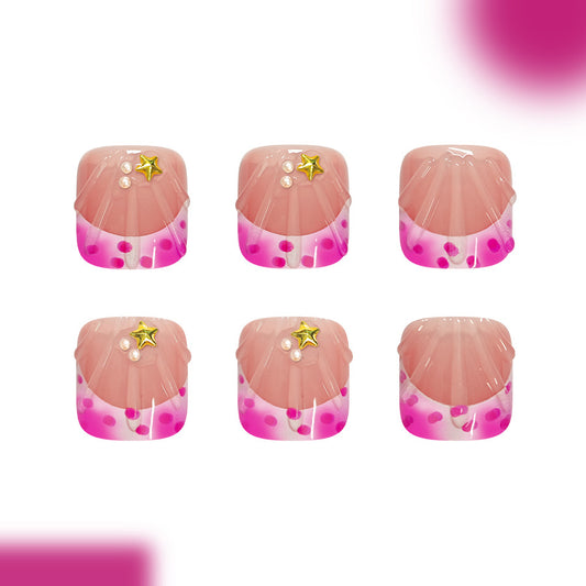 Mermaid Magic Short Square Pink Gradient Press On Toenail Set with Star Accent and Pearlescent Decor