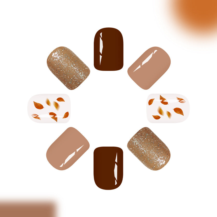 Autumn Elegance Medium Square Brown Palette with Sparkling Accents and Artistic Leaf Designs Press-On Nail Set