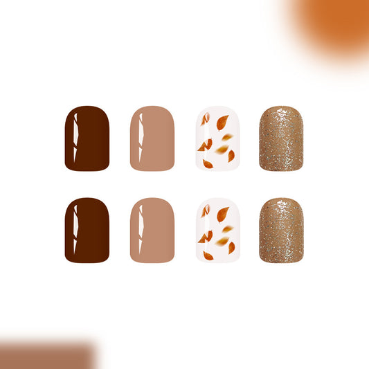 Autumn Elegance Medium Square Brown and Beige with Sparkling Leaf Accents Press-On Nail Set