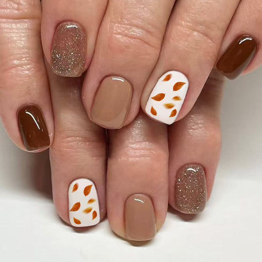 Autumn Elegance Medium Square Almond Brown and Beige Press-On Nail Set with Stunning Leaf Accents