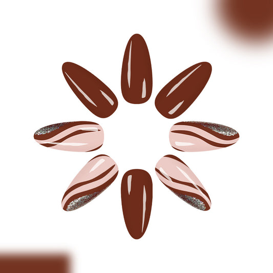 Coffee Blossom Long Almond Brown and Pink Swirl Press On Nail Set with Glitter Accents