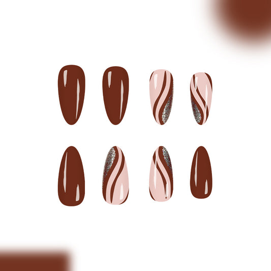 Cocoa Delight Long Almond Brown and Pink Swirl Press On Nail Set with Glitter Accent