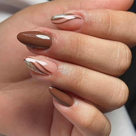 Gourmet Coffee Inspired Long Almond Shaped Medium Length Brown And Beige Glossy Press On Nail Set with Glitter Accent