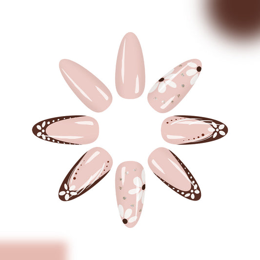 Blossom Elegance Long Almond Pink with Floral and Glitter Accents Press-On Nail Set