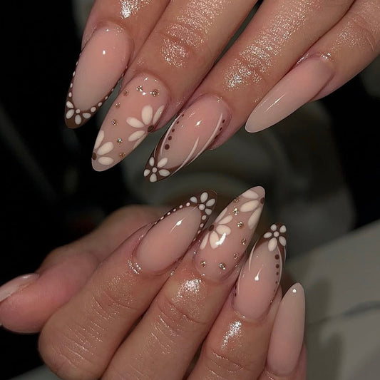Bohemian Elegance Long Almond Shaped Pink Press On Nail Set with Floral Accents