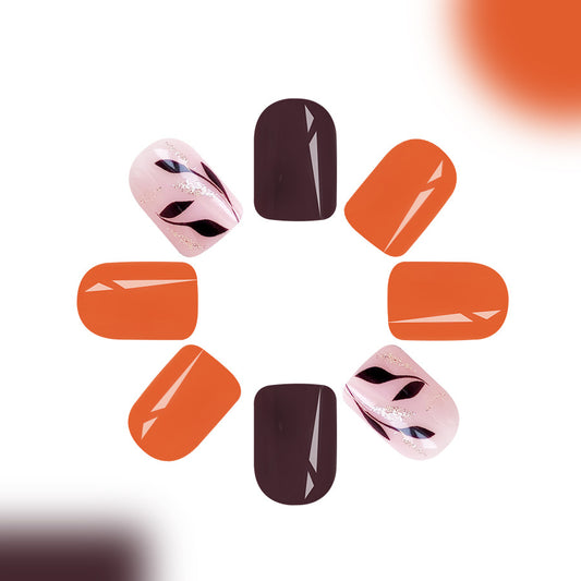 Autumn Elegance Short Square Orange and Burgundy Press-On Nail Set with Glittery Accent Design