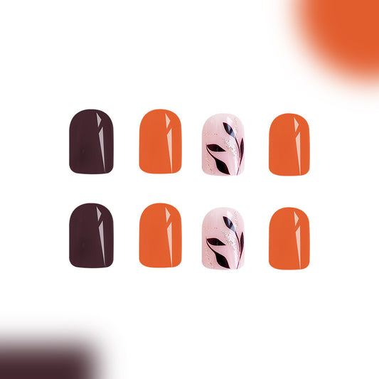 Autumn Elegance Glossy Short Square Orange and Deep Purple Nail Set with Unique Floral Design