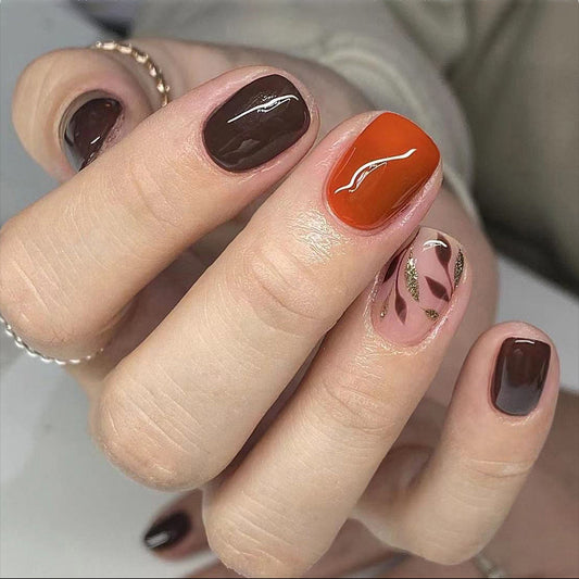 Autumn Chic Short Square Shaped Brown and Orange Nail Set with Sophisticated Leaf Design