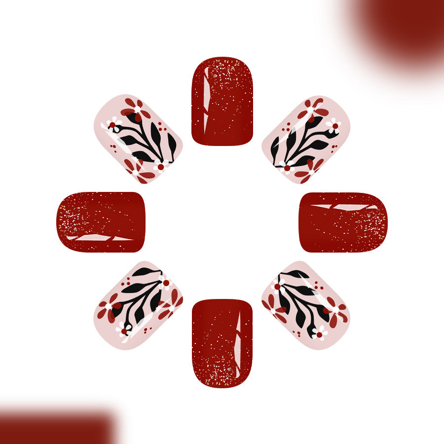 Floral Elegance Short Square Burgundy and Blush Press-On Nail Set with Unique Botanical Design