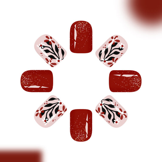 Floral Elegance Short Square Burgundy and Blush Press-On Nail Set with Unique Botanical Design