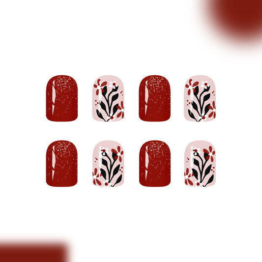 Enchanting Garden Inspired Short Square Burgundy Floral Press On Nail Set with Glitter Accent