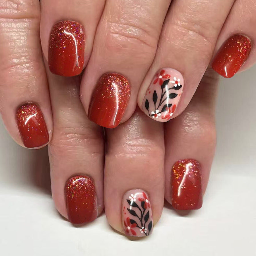 Autumn Bliss Short Square Glossy Rust with Botanical Art Press On Nail Set