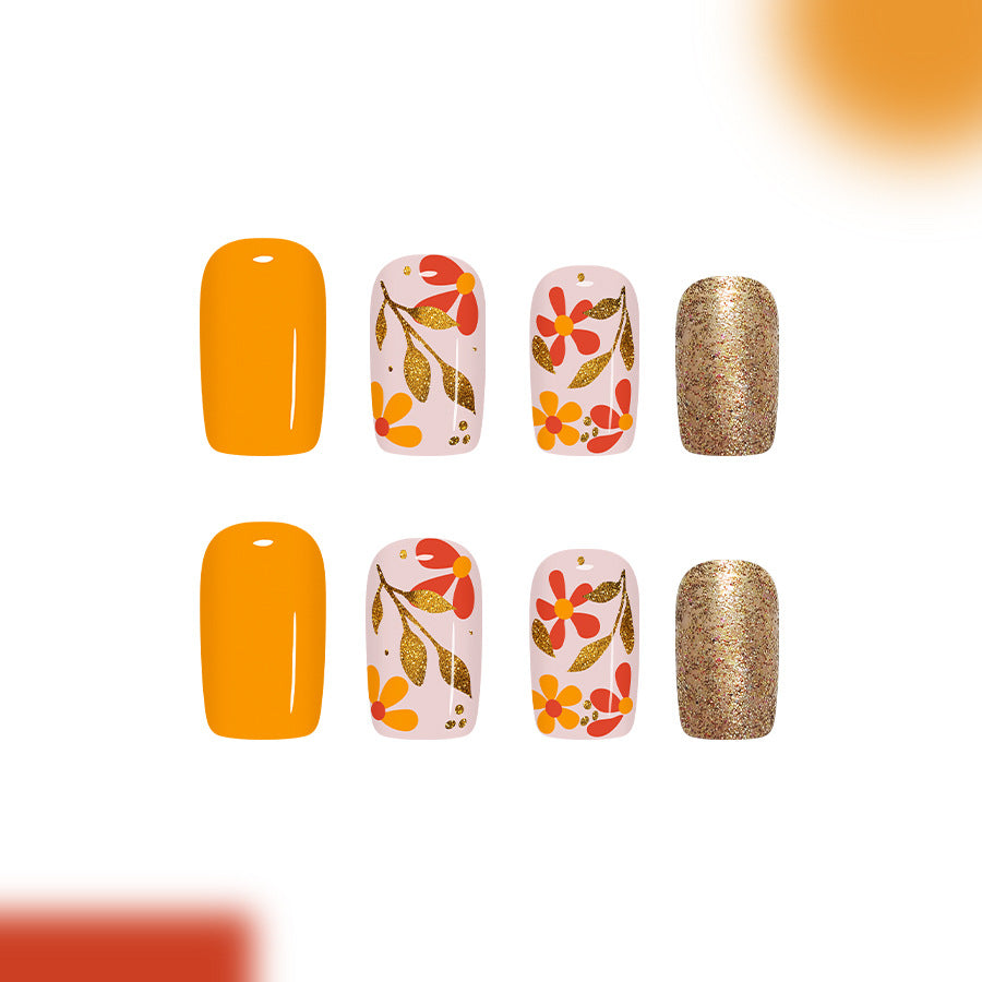 Autumn Blossom Press on Nail Set Medium Square Orange Floral Design with Glitter Accents