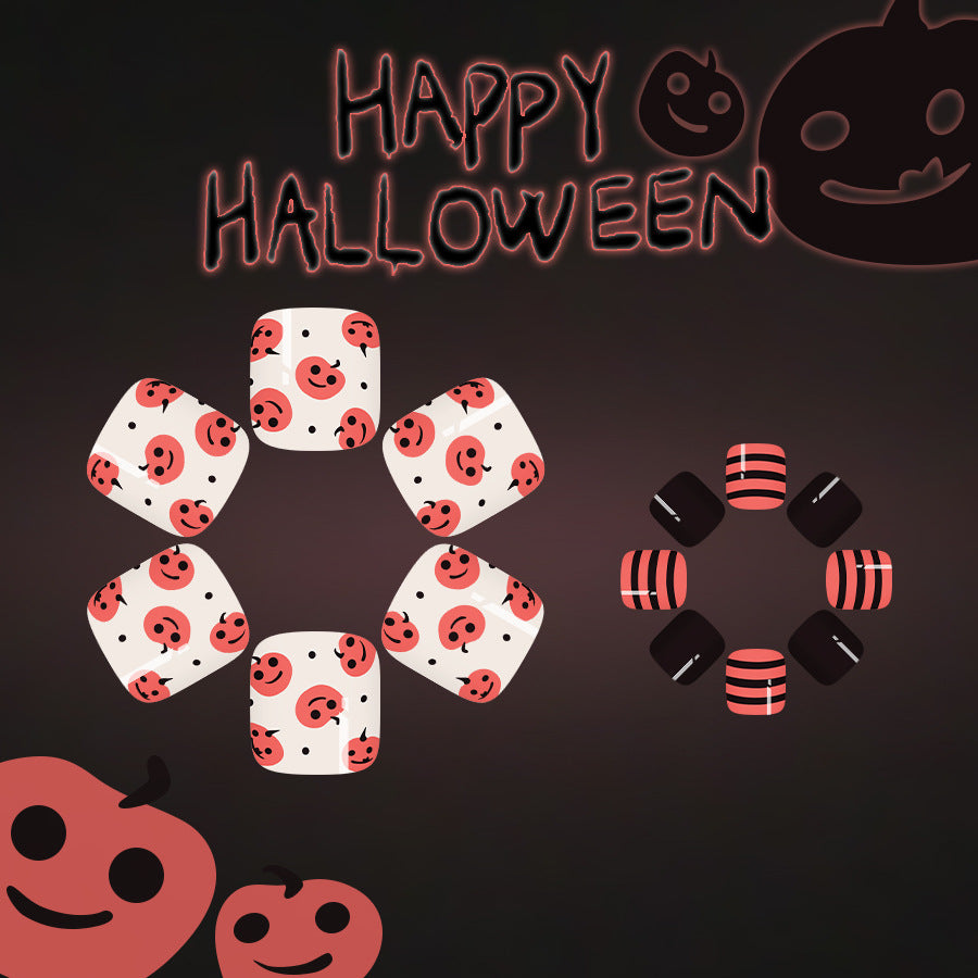 Spooky Halloween Short Square Orange and Black Smiley Face Press on Toenail Set