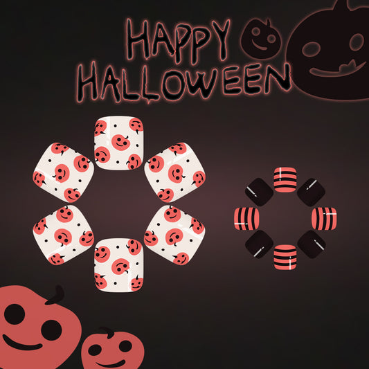 Spooky Halloween Short Square Orange and Black Smiley Face Press on Toenail Set