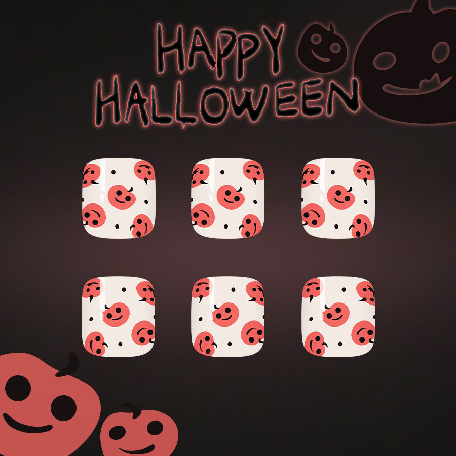 Spooky Halloween Short Square White and Red Smiley Face Press-On Toenail Set