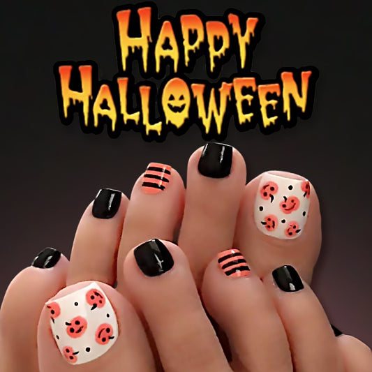 Spooktacular Short Square Black and White Press On Toenail Set with Pumpkin and Striped Designs