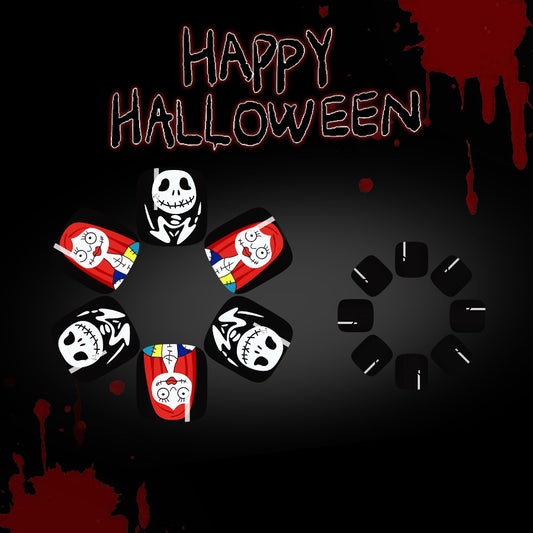 Spooky Halloween Short Square Red and Black Toenail Set with Whimsical Skeleton and Sally Designs