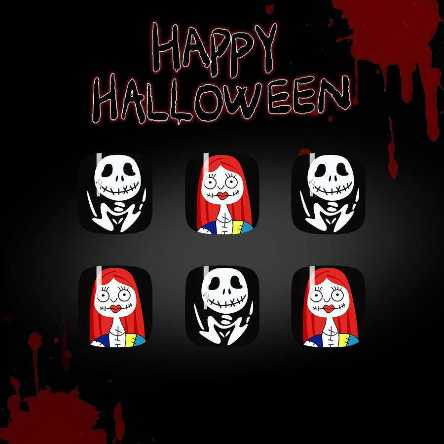 Spooky Skeleton Aesthetic Short Square Black and White with Whimsical Character Design Press On Toenail Set