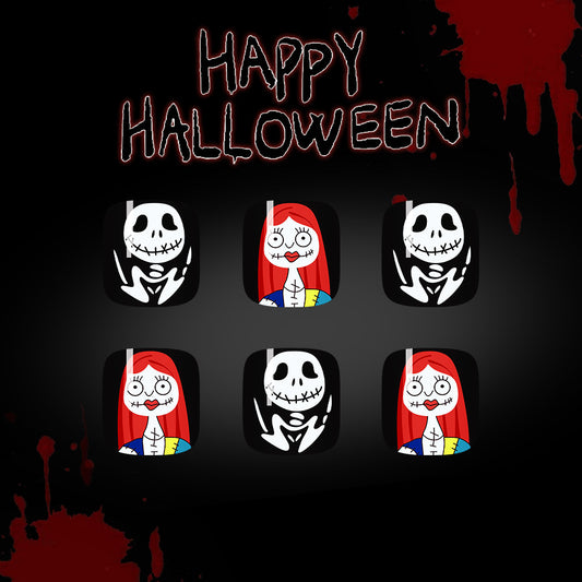 Spooky Skeleton Aesthetic Short Square Black and White with Whimsical Character Design Press On Toenail Set