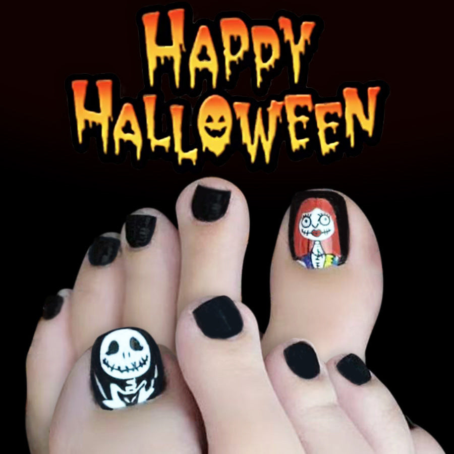 Halloween Spooktacular Short Square Black Toenails with Unique Cartoon Character Design
