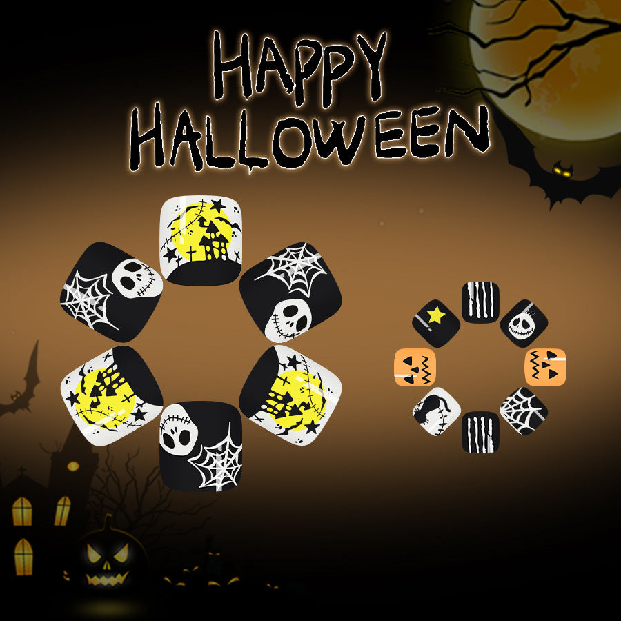 Spooky Halloween Short Square Black and Yellow Press On Toenail Set Featuring Haunting Designs