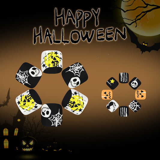 Spooky Halloween Short Square Black and Yellow Press On Toenail Set Featuring Haunting Designs