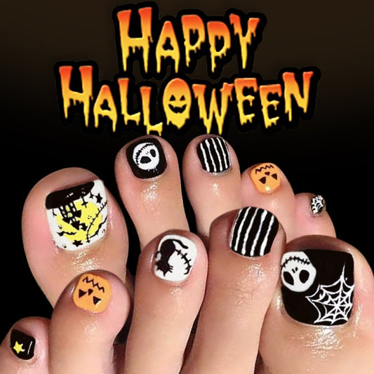Spooky Halloween Themed Short Square Black and Orange Press On Toenail Set with Fun Pumpkin and Skull Designs