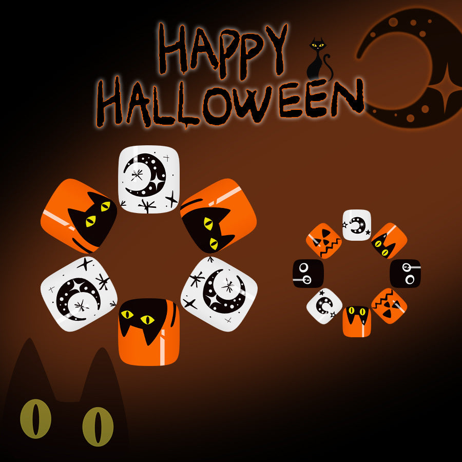 Spooky Halloween Short Square Orange and Black Press On Toenail Set with Fun Cat and Moon Designs