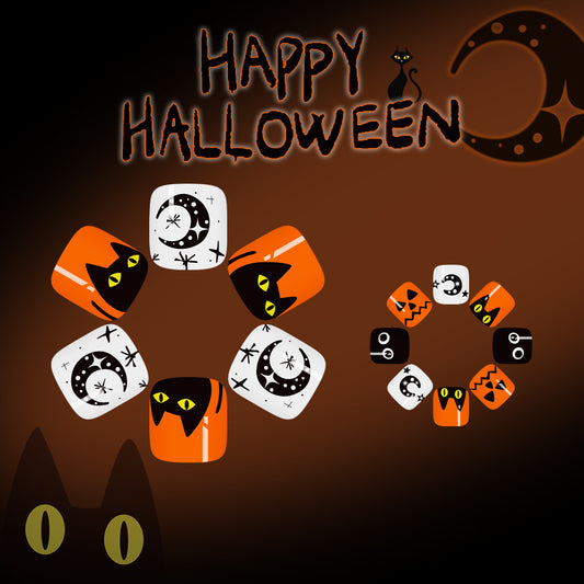 Spooky Halloween Short Square Orange and Black Press On Toenail Set with Fun Cat and Moon Designs