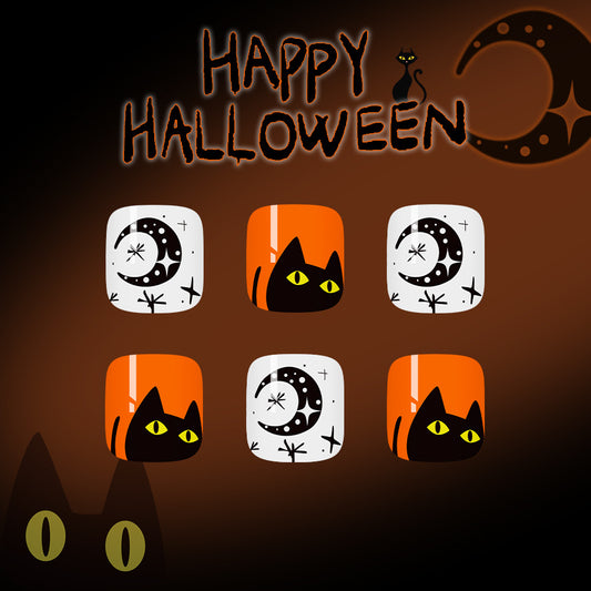 Spooky Halloween Short Square Orange Black Cat Press on Toenail Set with Intricate Moon Design