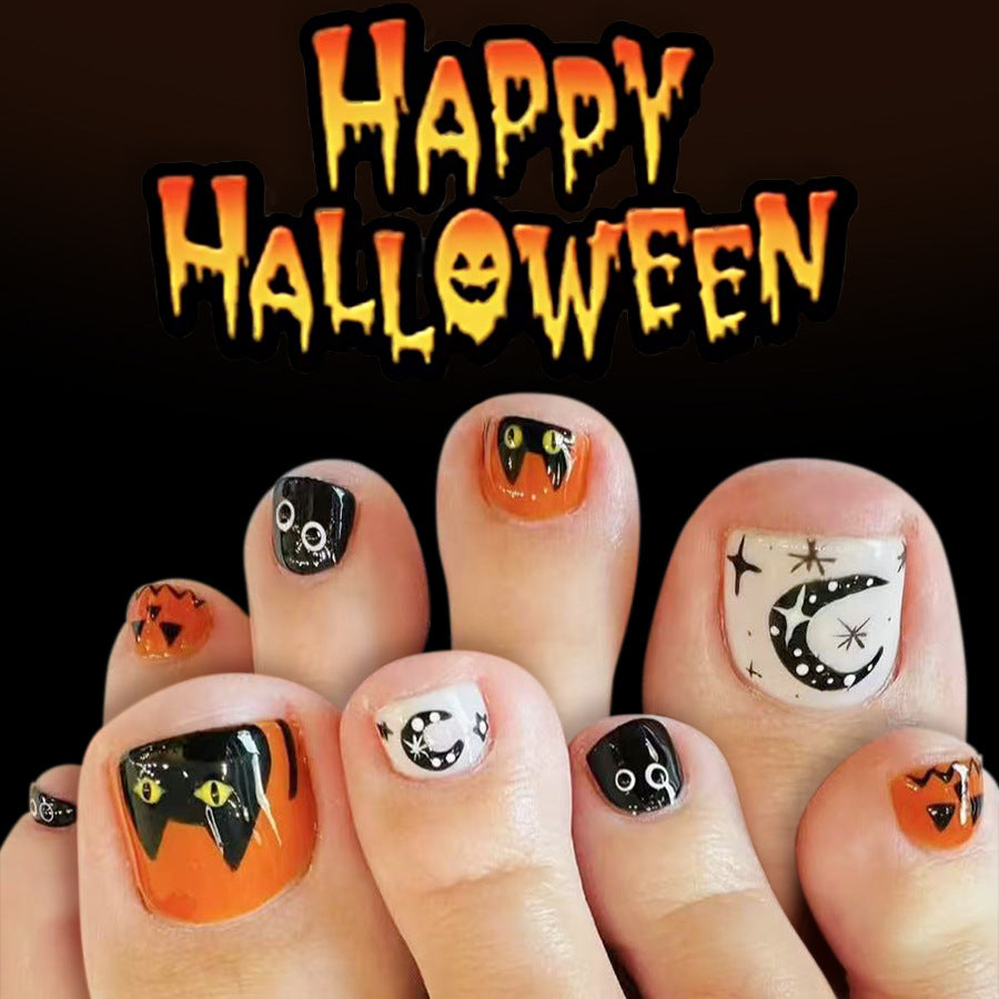 Spooky Halloween Short Square Orange and Black Toenail Set with Unique Cat and Moon Designs