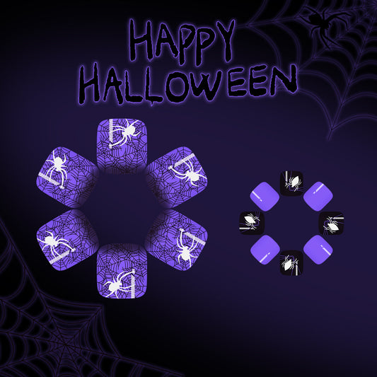 Spooky Halloween Short Square Purple Press On Toenail Set with Spider Web Design