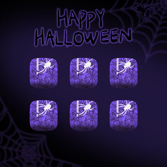 Spooky Vibes Short Square Purple Toenail Set featuring Spider Web Design